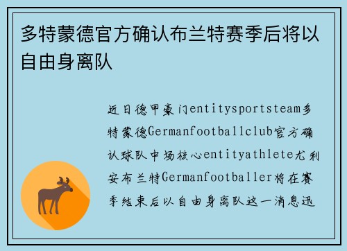 多特蒙德官方确认布兰特赛季后将以自由身离队 多特蒙德官方确认布兰特赛季后将以自由身离队